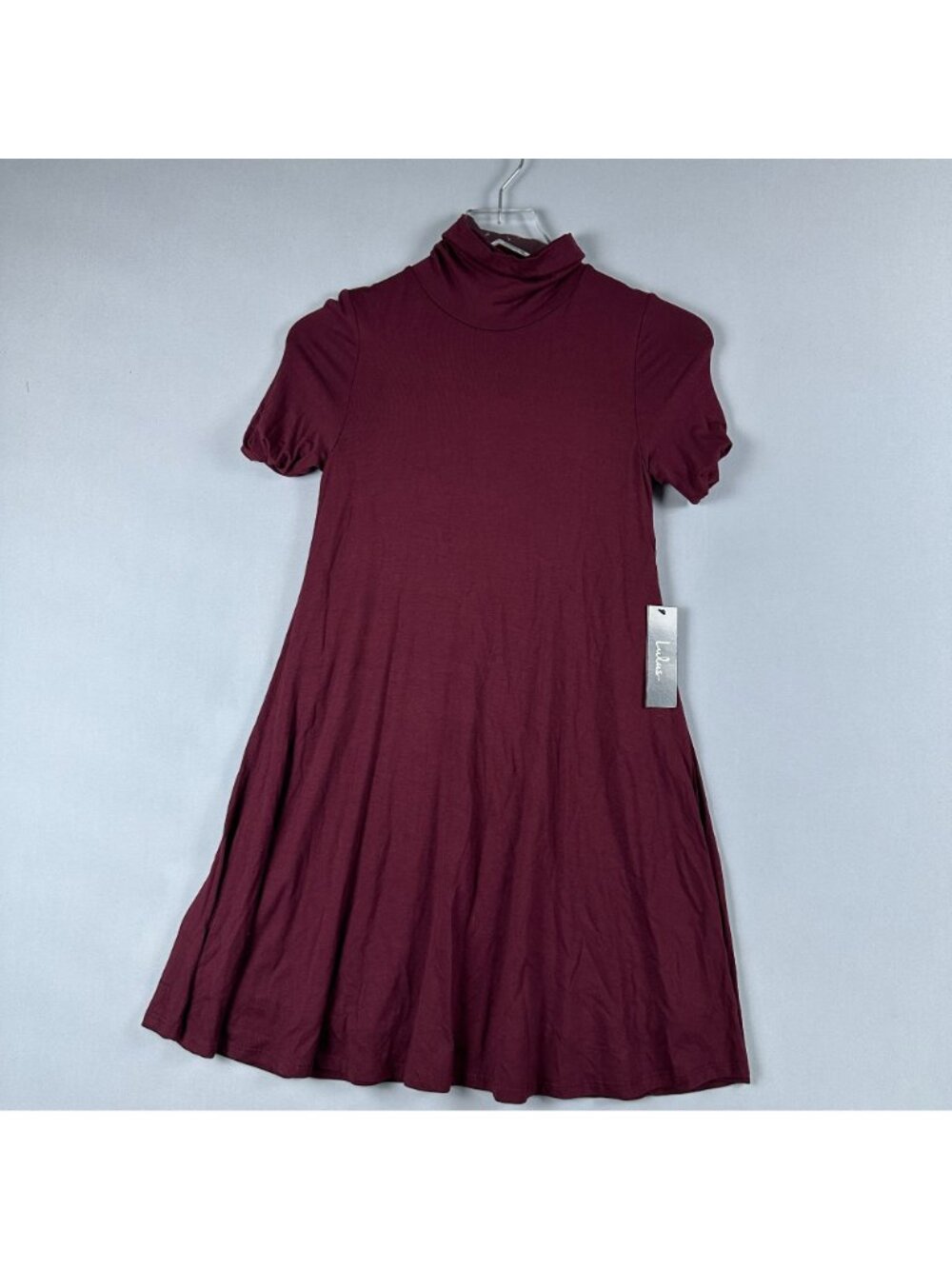 Lulus Swing Dress XS Burgundy Mock Neck Short Sleeve Made In USA - Picture 5 of 13